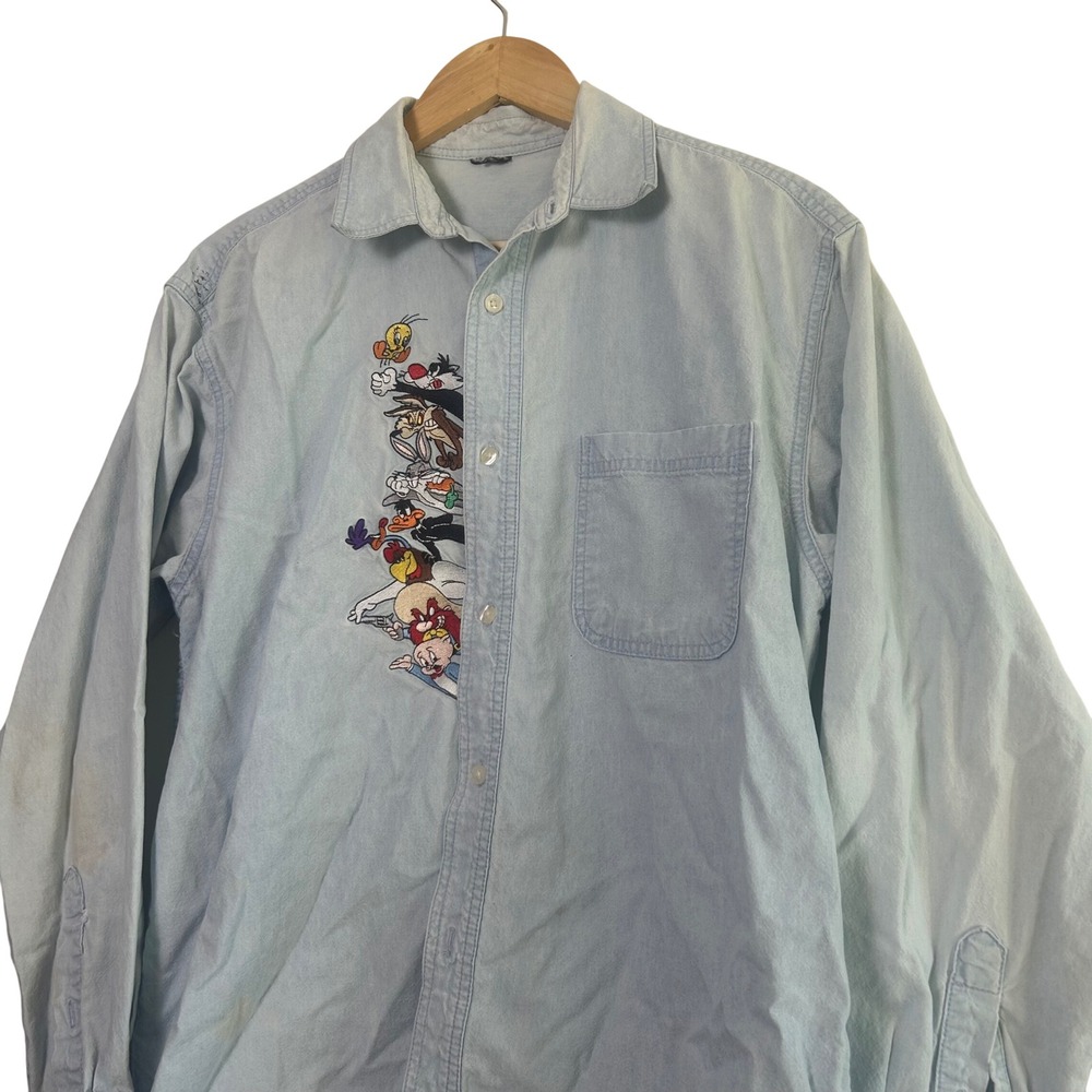 Vintage 90s Looney Tunes Warner‎ Bros Denim Shirt Light Wash Embroidered